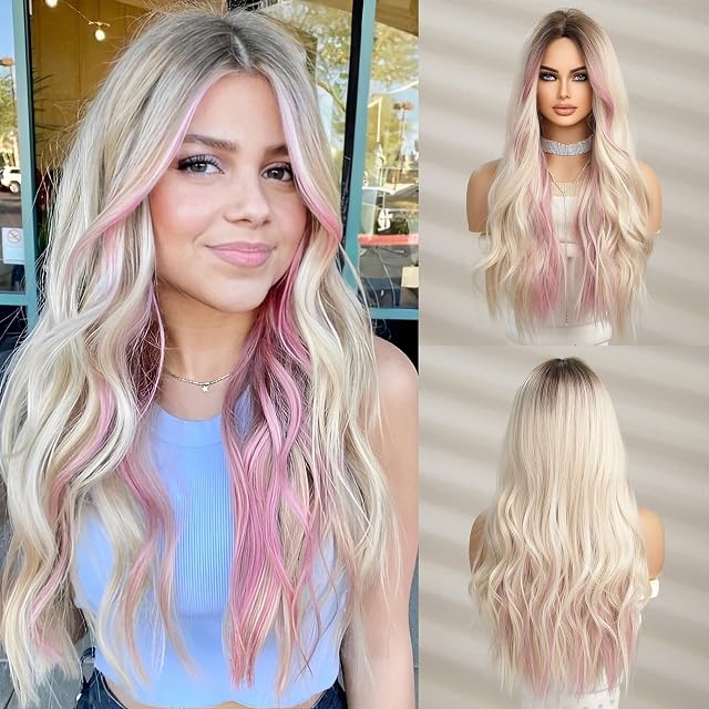 Esmee Długa Falowana Blond Peruka z Różowym Podkreśleniem dla Kobiet Naturalne Włosy Syntetyczne Peruka Odporna na Ciepło do Codziennego Użytku Party Cosplay