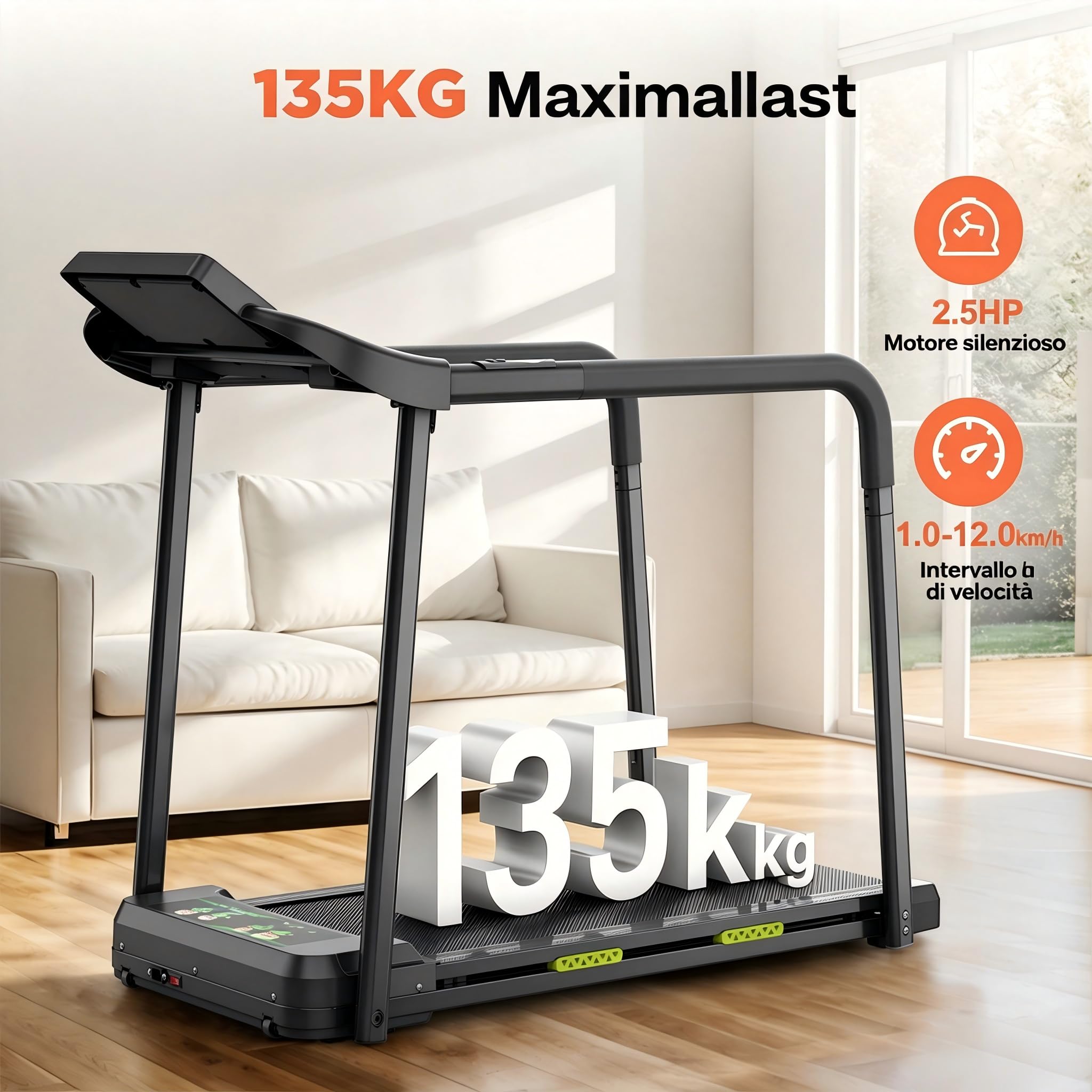 Tapist roulant elettrico anziani, LED grande, maniglioni, 135kg