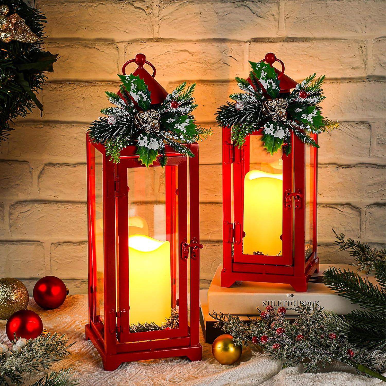 Baquler 2 Pcs Red Christmas Metal Candle Lantern and LED