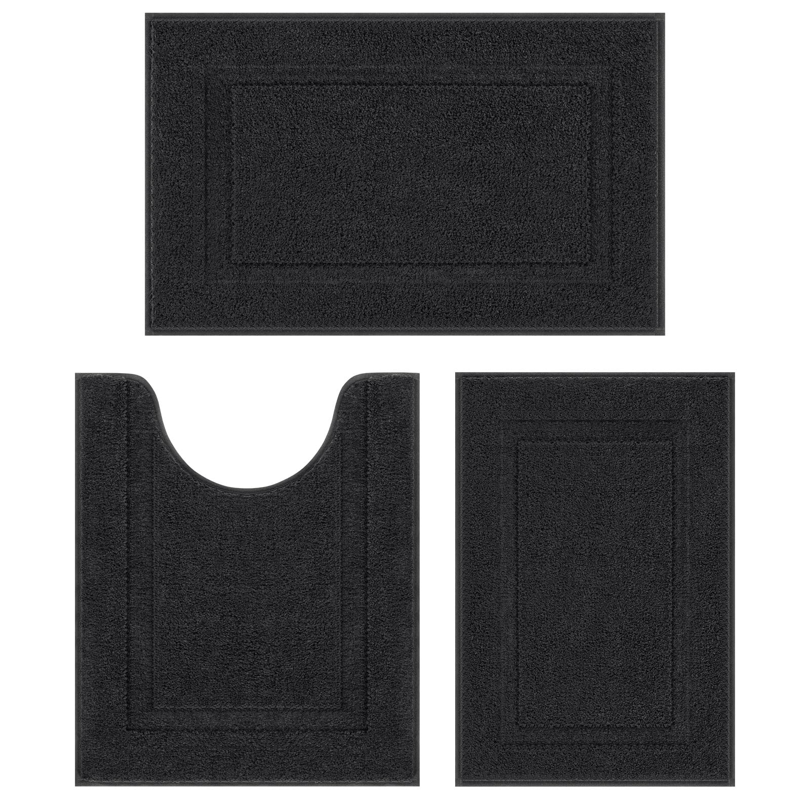 SHACOS Black Bathroom Rugs Sets 3 Piece, 16"x24" + 20"x32" Non Slip Bath Mat and 20"x24" Toilet Rugs U Shaped Washable, Soft Fluffy Water Absorbent