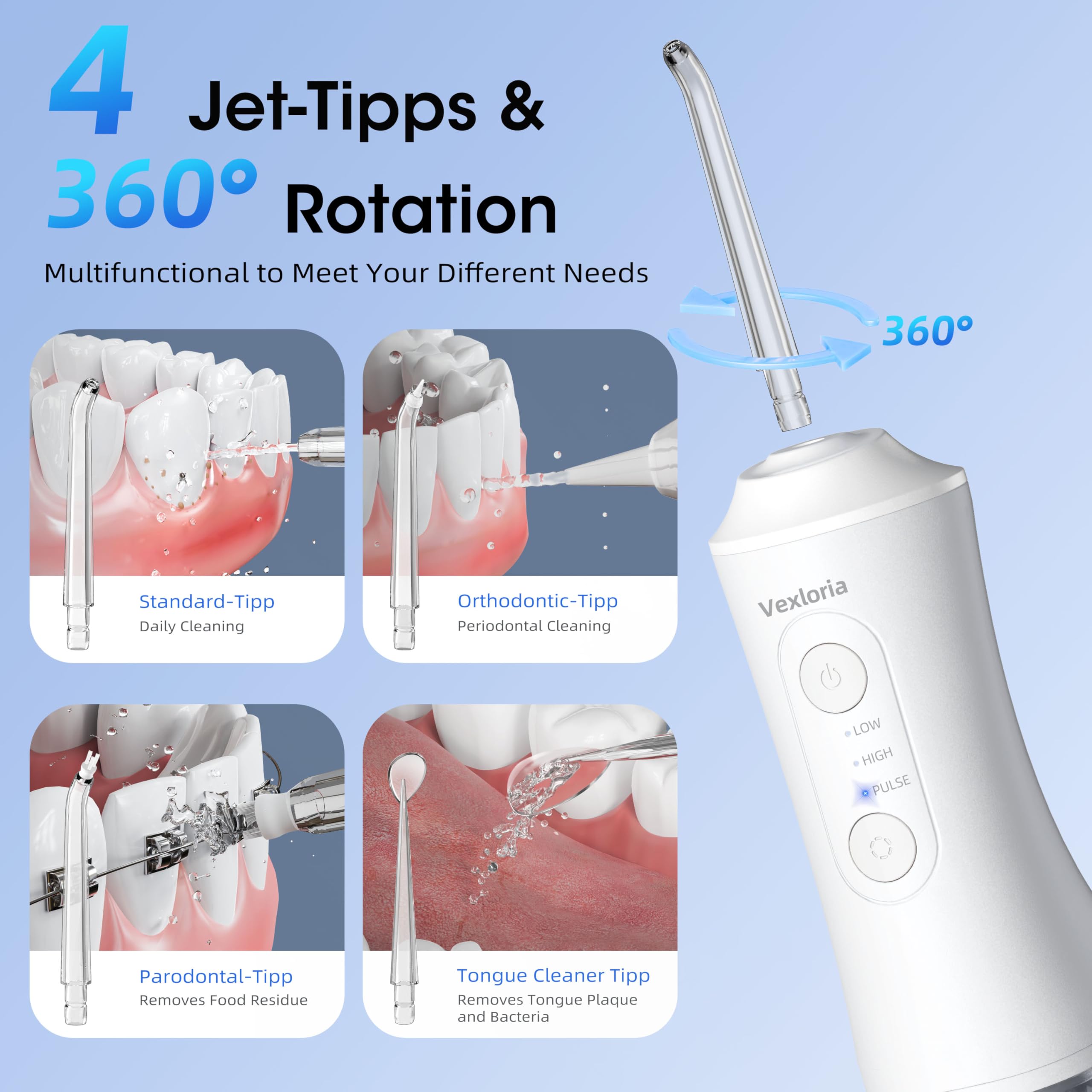 Vexloria Munddusche Kabellos, Elektrische Zahnreiniger Tragbar IPX7 Water Flosser 3 Modi & 4 Düsen, 300ML Zahndusche Oral Munddusche Testsieger für Entfernt Speisereste und Reinigt Die Zähne (Weiß)