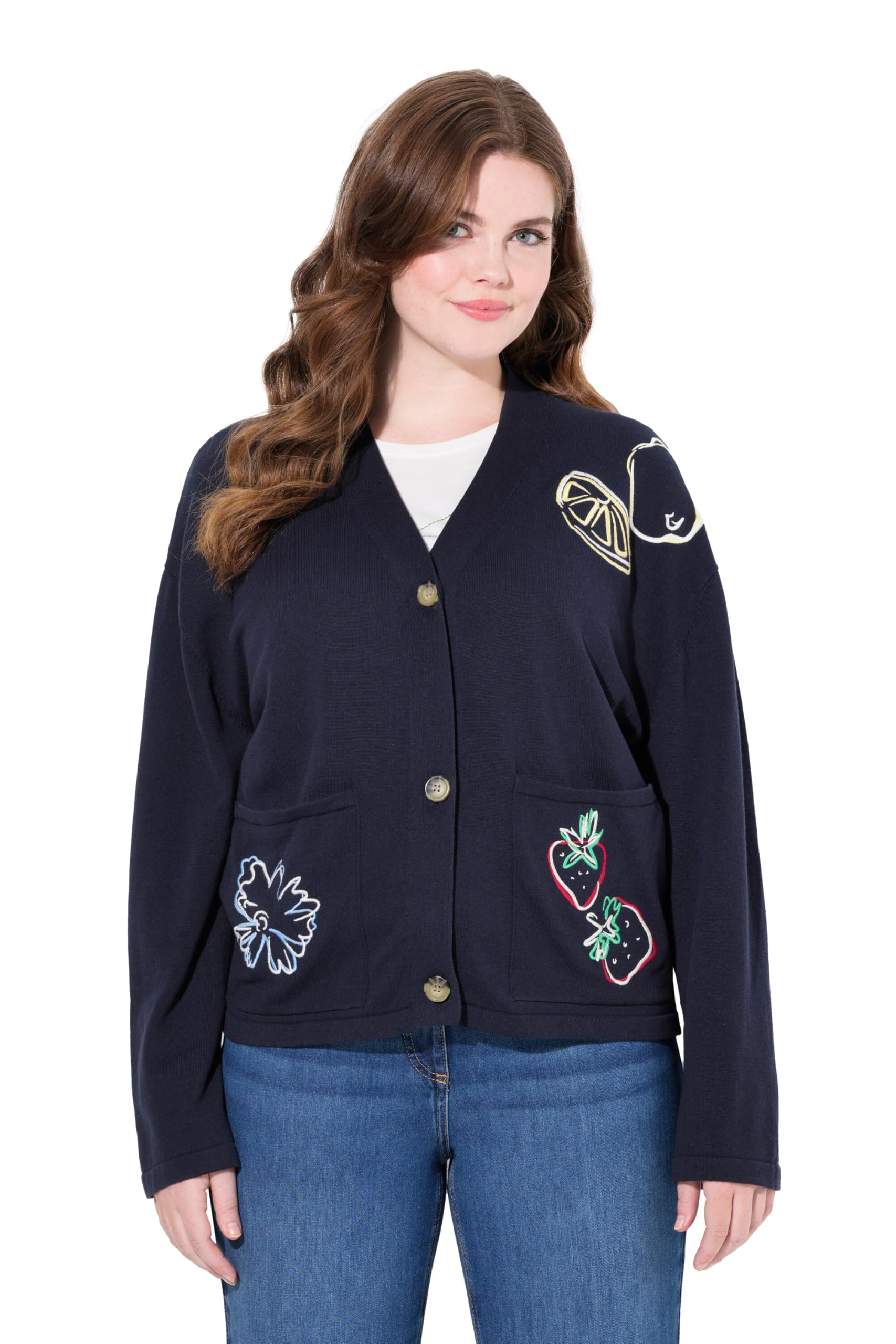 Ulla Popken Damen große Größen Übergrößen Plus Size Strickjacke, Stickerei, V-Ausschnitt, Langarm, Biobaumwolle 834909