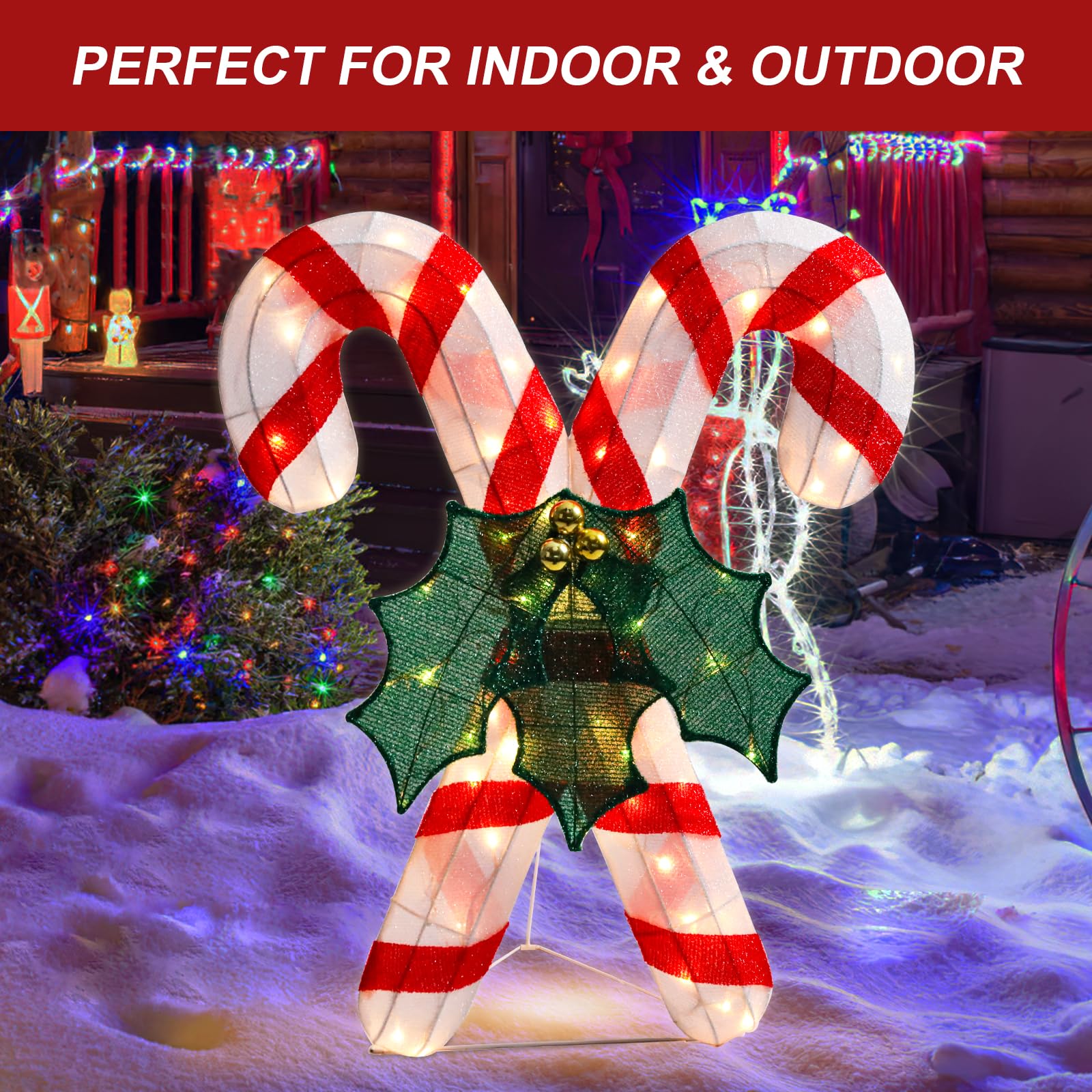Vipush Decoración navideña iluminada para exteriores, caramelo de bastón preiluminado de 3 pies para césped 3D con luces cálidas, exhibiciones navideñas iluminadas al aire libre para decoración de