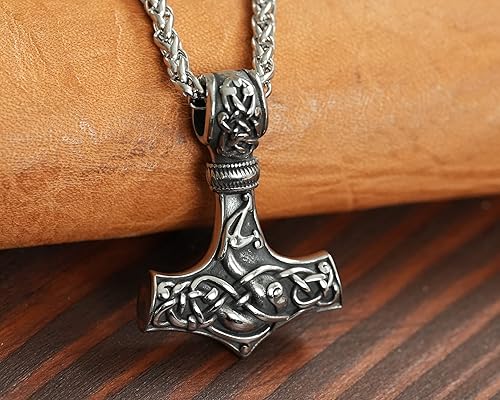 Miniatura 47 de Viking Thors Hammer Necklace Pendant - Vegvisir Aegishjalmur Helm of Awe Raven Huginn Muninn Pendant Necklace Amulet Talisman - Thor Necklace - Bear