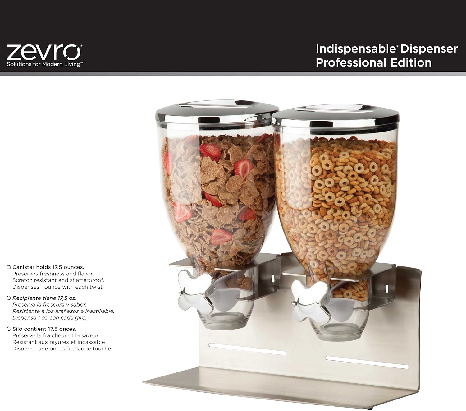 Get Special Price Zevro Indispensable Designer Dry Food Dispenser, Dual Control, Stainless Steel, Silver
