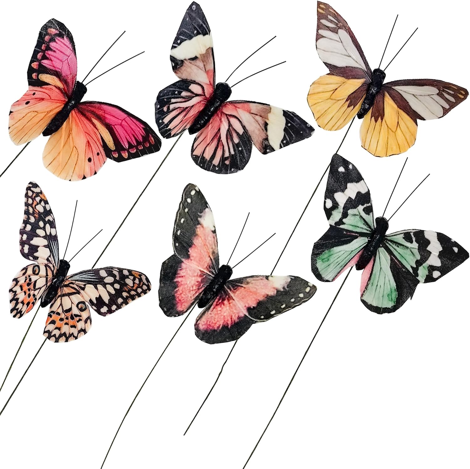 Berfutall-Artificial Feather 3D Butterfly Party Decorations Set of 12 with Wire 6 Color Ornaments for Home Decoration