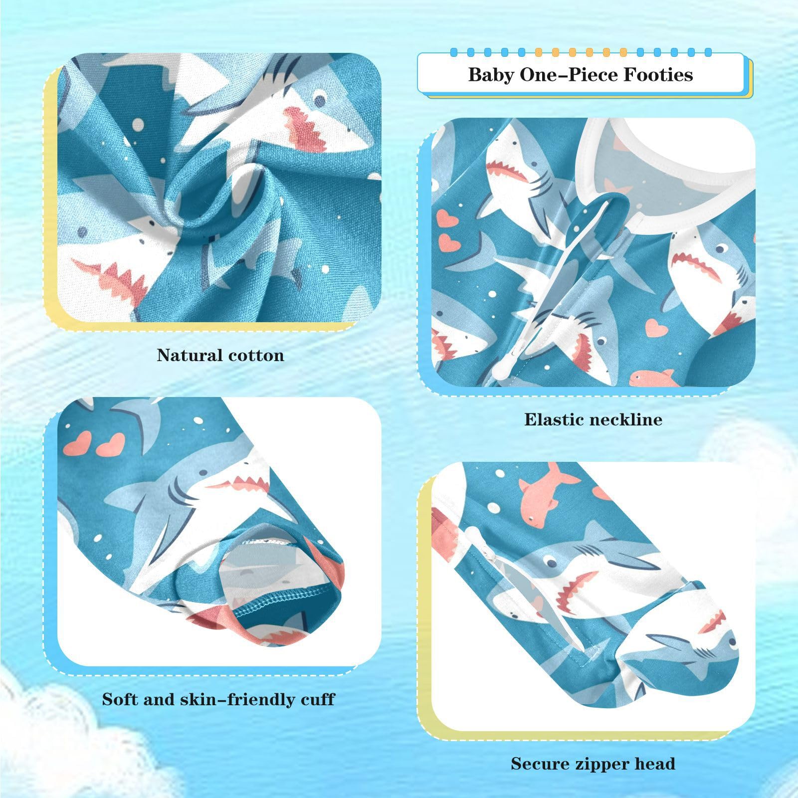 Wusikd Cute Sharks One-Piece Footies Hearts Bodysuit Rompers Zipper for Boys Girls 6M
