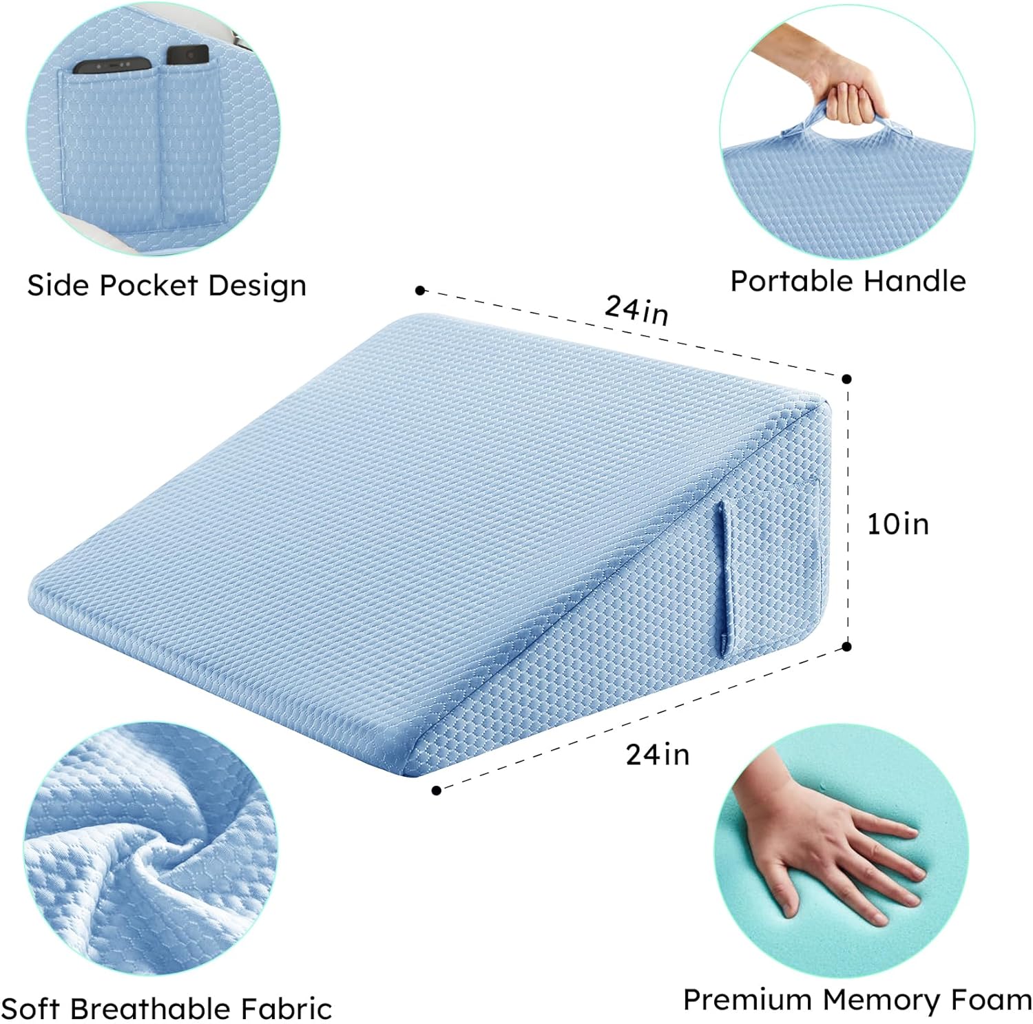 Bedluxe Wedge Pillow, 10 inch Bed Wedge Pillow for Headboard, Pillow Wedge for Acid Reflux Relief, Sleeping, After Surgery, Snoring, Gerd, Triangle Pillow Wedge - Cooling Memory Foam Top, Light Blue thumbnail