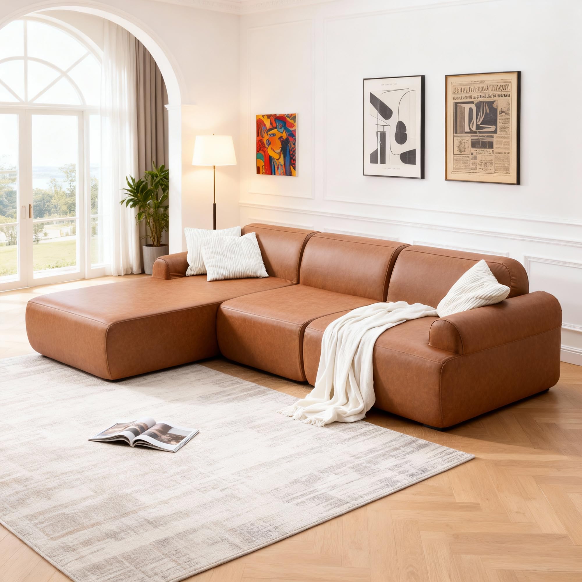 KEIKI 2Seat Modular Boneless Sectional Corduroy Sofa Couch with Chaise for Living Room Home Office Family Friendly Homeowners Cozy Warm Perfect for Entertaining Refined Design Antique Brown
