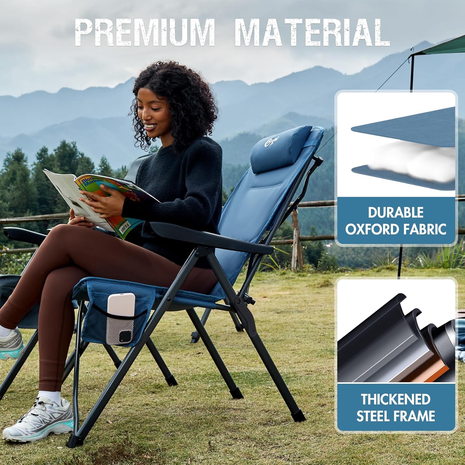 Portal Reclining Camping Chair with Adjustable Back Folding Camp Recliner for Adults Portable High Back Oversized, 350LBS (Blue) - Image 7
