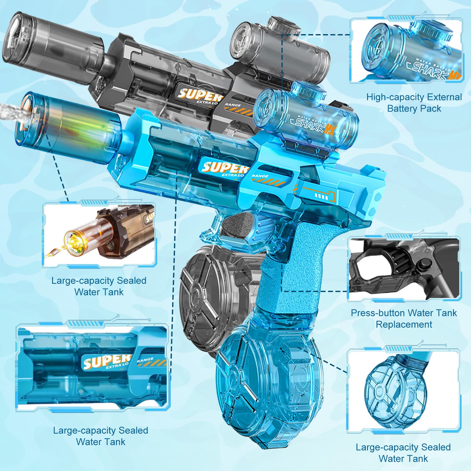 2PCS Electric Water Gun,Automatic Squirt Watergun Pistol with Led Lights,Long Range Motorized Water Guns,Electric Water Gun Large Capacity,Summer Outdoor Pool Beach Party Toys For Kids & Kidults - Image 2