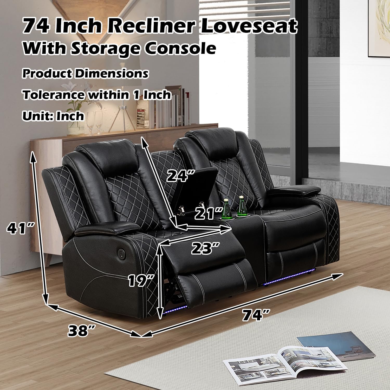 Power Recliner Sofa Set for Living Room Furniture Sets，Leather Reclining Couch Set with LED Lights，Recliner Leather Sofa and Loveseat with Storage/Cup Holders/Charging Port，Black