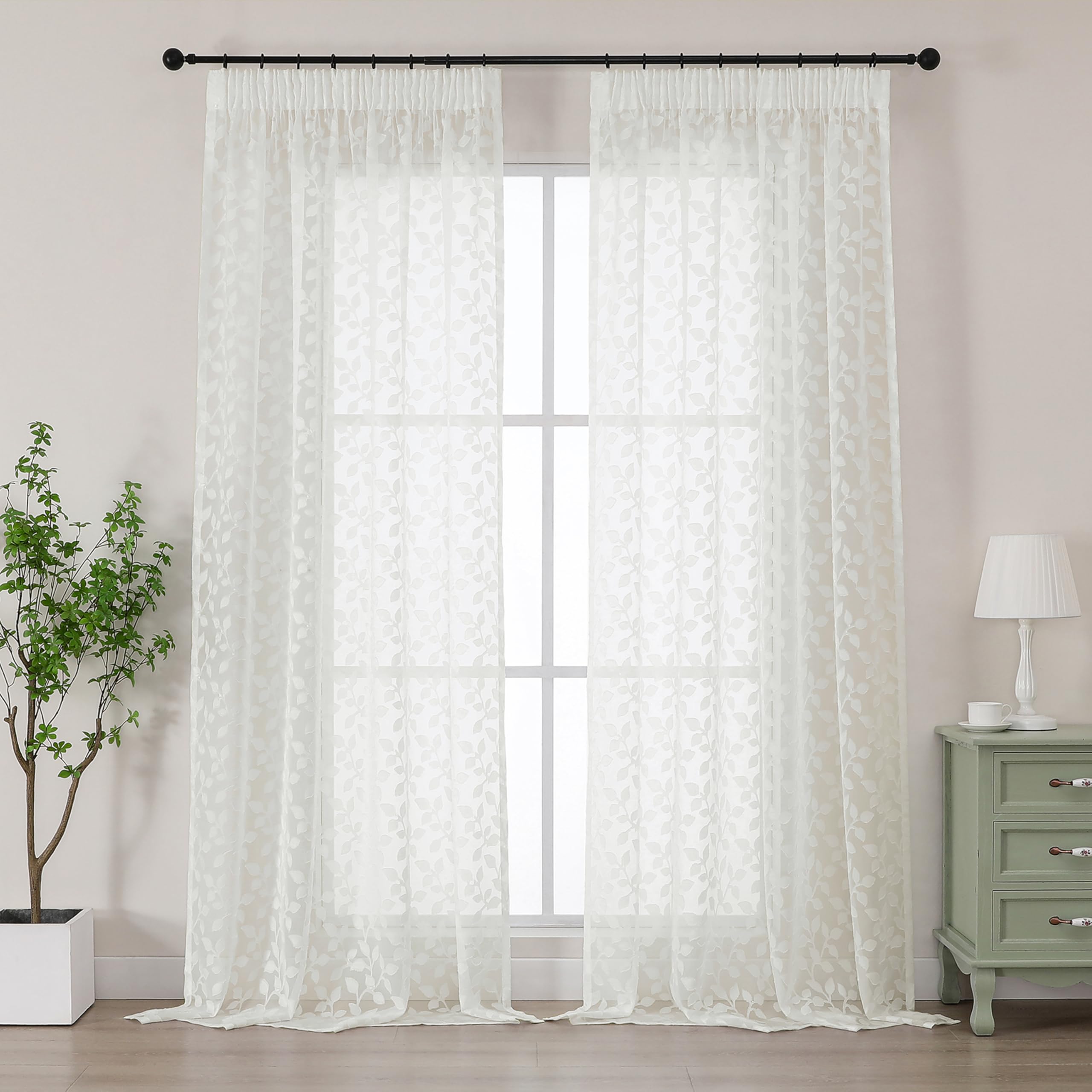 Simplebrand Natural Sheer Curtains Charlton Leaf 2 Panels W140 x L229cm, Clip Jacquard Pencil Pleat Drapes, Semi-Sheer Curtains for French Doors Balcony, Light Filtering Decorative Voile Curtains