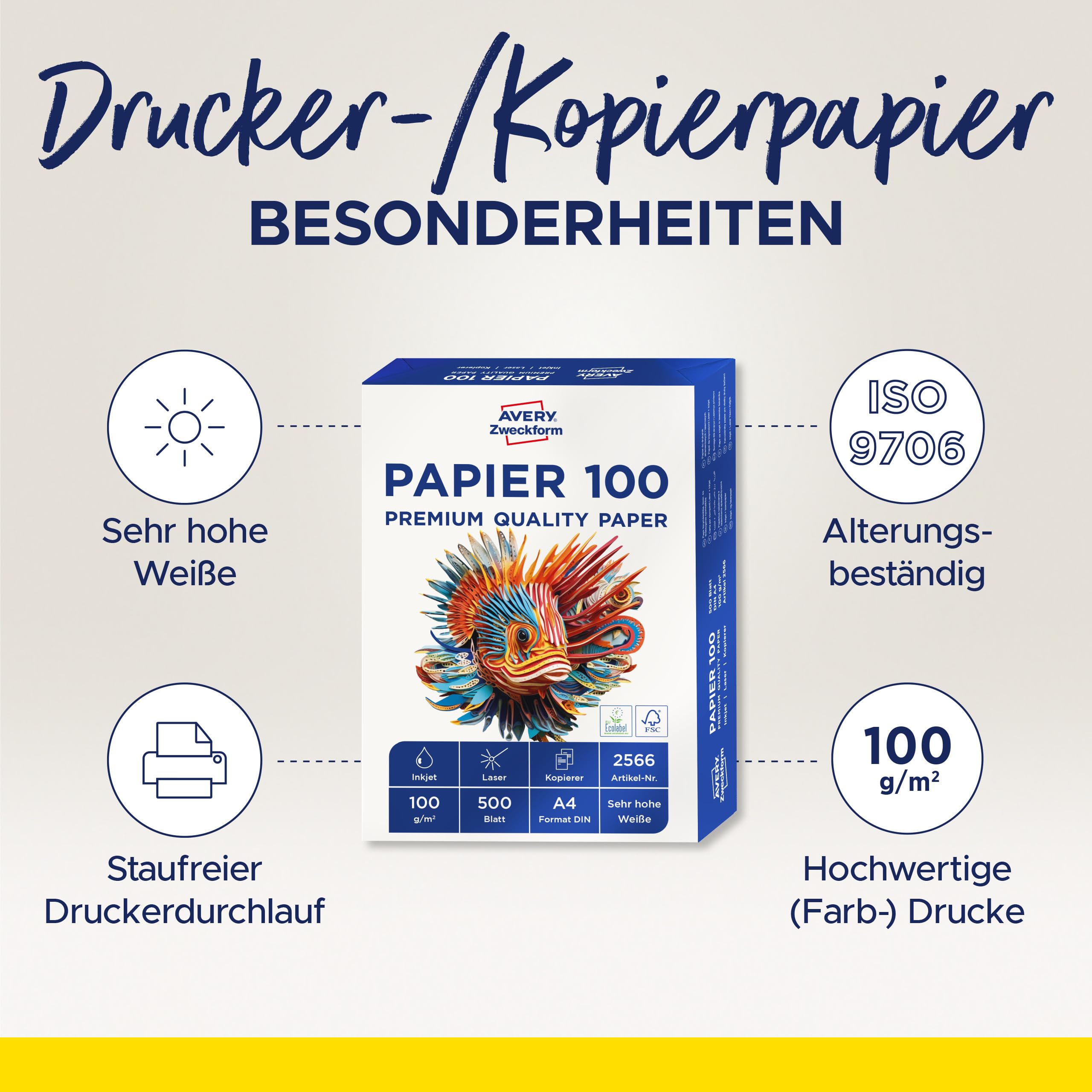 AVERY Zweckform 2566 Drucker-/Kopierpapier (1.500 Blatt, 100 g/m², DIN A4 Papier, hochweiß, für alle Drucker) 1 Box mit 3 Pack