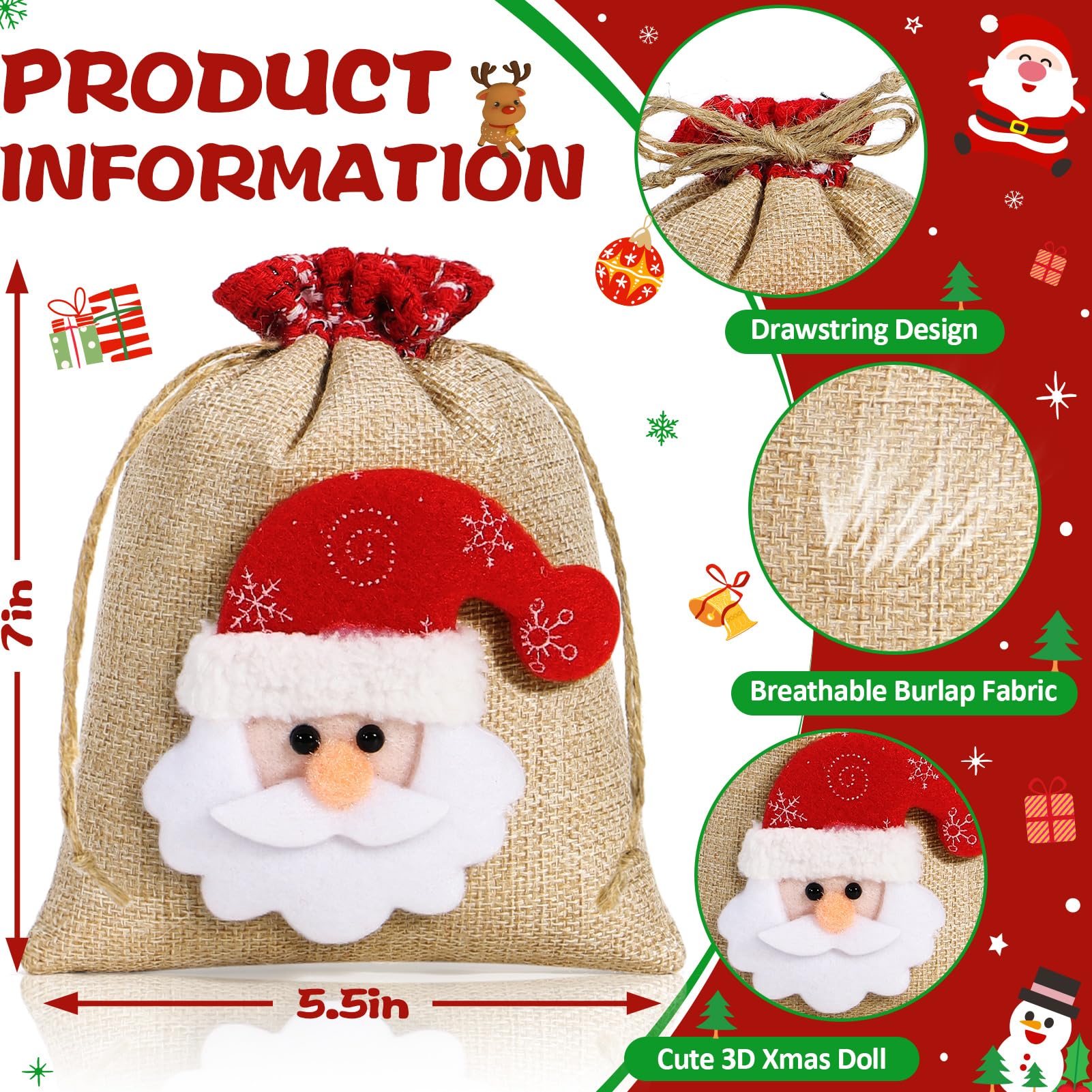 FLOE 12 Jute-Geschenktüten Mit Kordelzug – 14 X 18 Cm, 3D-Weihnachtsmotive, Wiederverwendbar