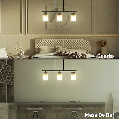 Miniatura 6 de DuMaiWay Lámpara colgante industrial para isla de cocina, 3 luces, moderna, doble pantalla de vidrio, rústica, granja, lámpara colgante para bar,