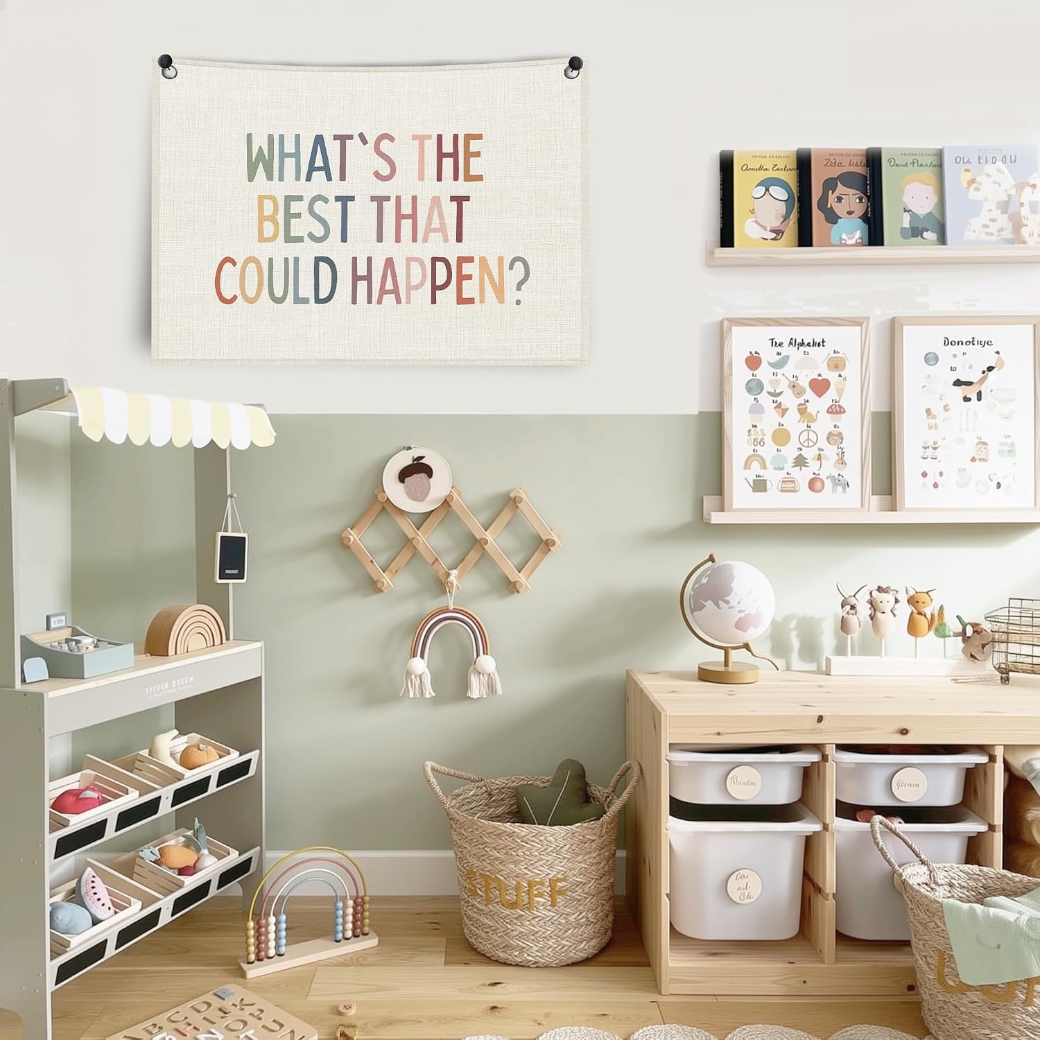 Boho Positive Affirmations Banner Canvas Wall Hanging, What's the Best That Could Happen Wall Art Decor Hanging Banner Flag for Home Office Classroom Kids Room Playroom, 20x30 Inch image 3