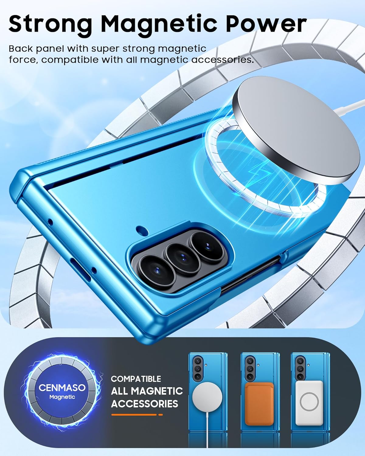 CENMASO Magnetic for Samsung Galaxy Z Fold 7 Case with Stand, Fit for Magsafe, Hinge Protection, Screen Protector, Built-in Hidden Kickstand, Slim Shockproof Phone Case for Galaxy Z Fold 7-Lake Blue