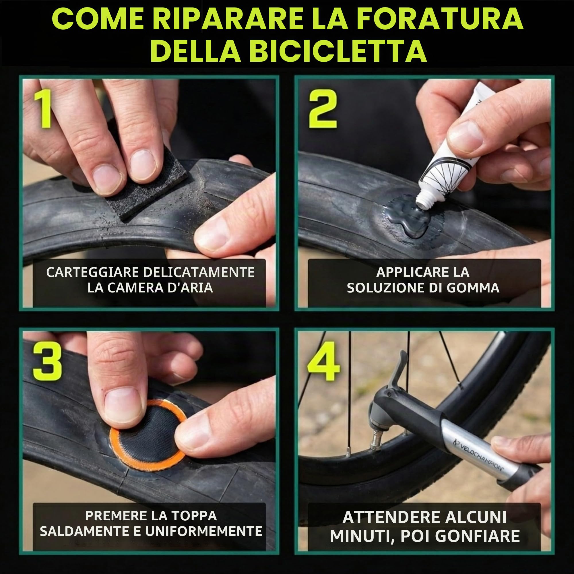 VeloChampion Kit di Riparazione Forature per Bici con Soluzione Vulcanizzante e Custodia Portatile. Per Bici da Strada, MTB e City Bike. Include 11 Toppe di Riparazione e 3 Leve Smontacopertoni.