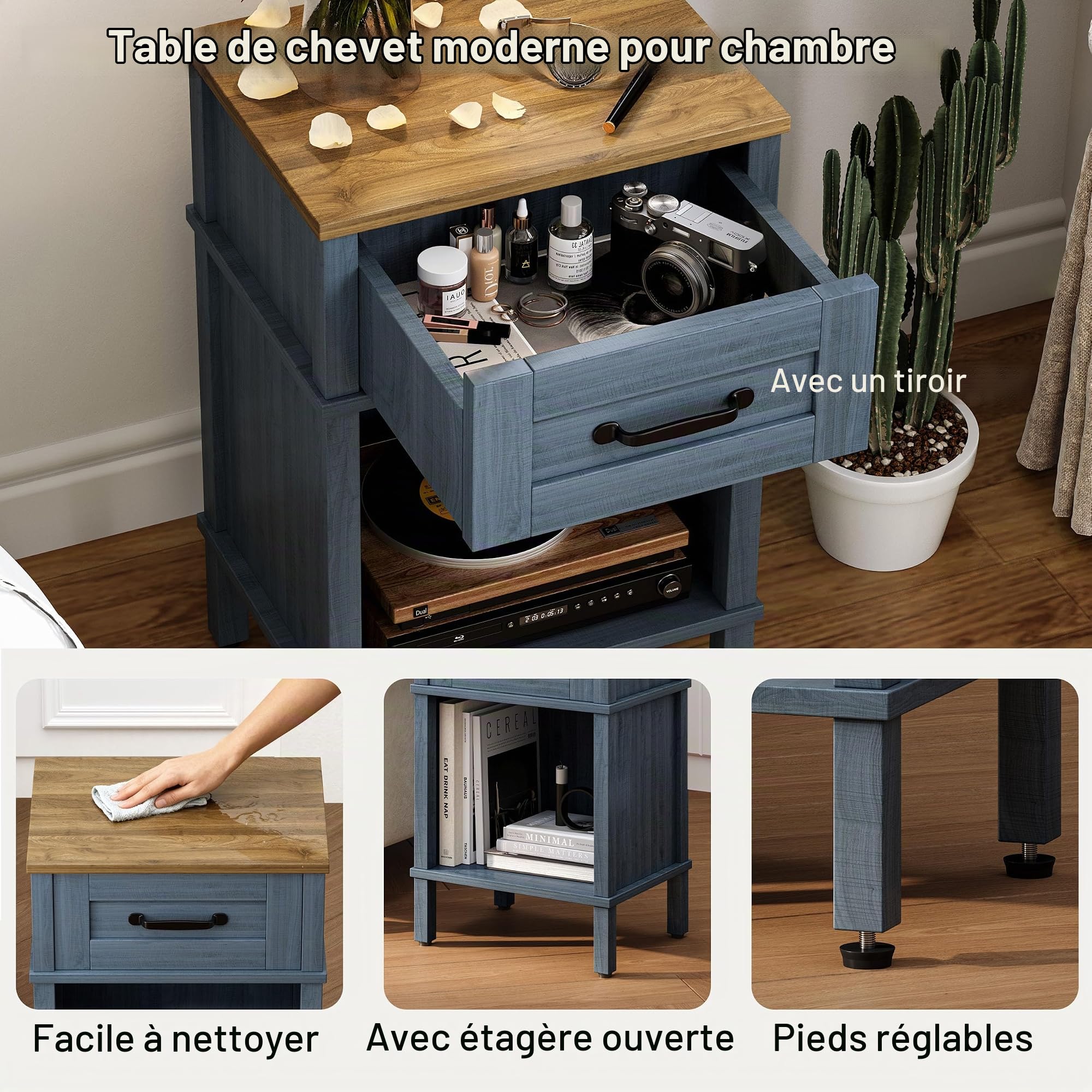 Table de Chevet avec Tiroir Poignée Compartiment Ouvert Table d’Appoint en Bois pour Chambre Salon Bleu LET512LR