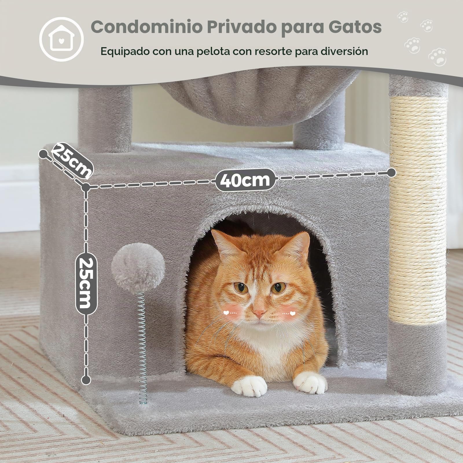 PAWZ Road - Árbol para gatos de interior con refugio super grande, torre para gatos con poste rascador, hamaca grande, bola colgante y plataforma superior, 79 cm, gris