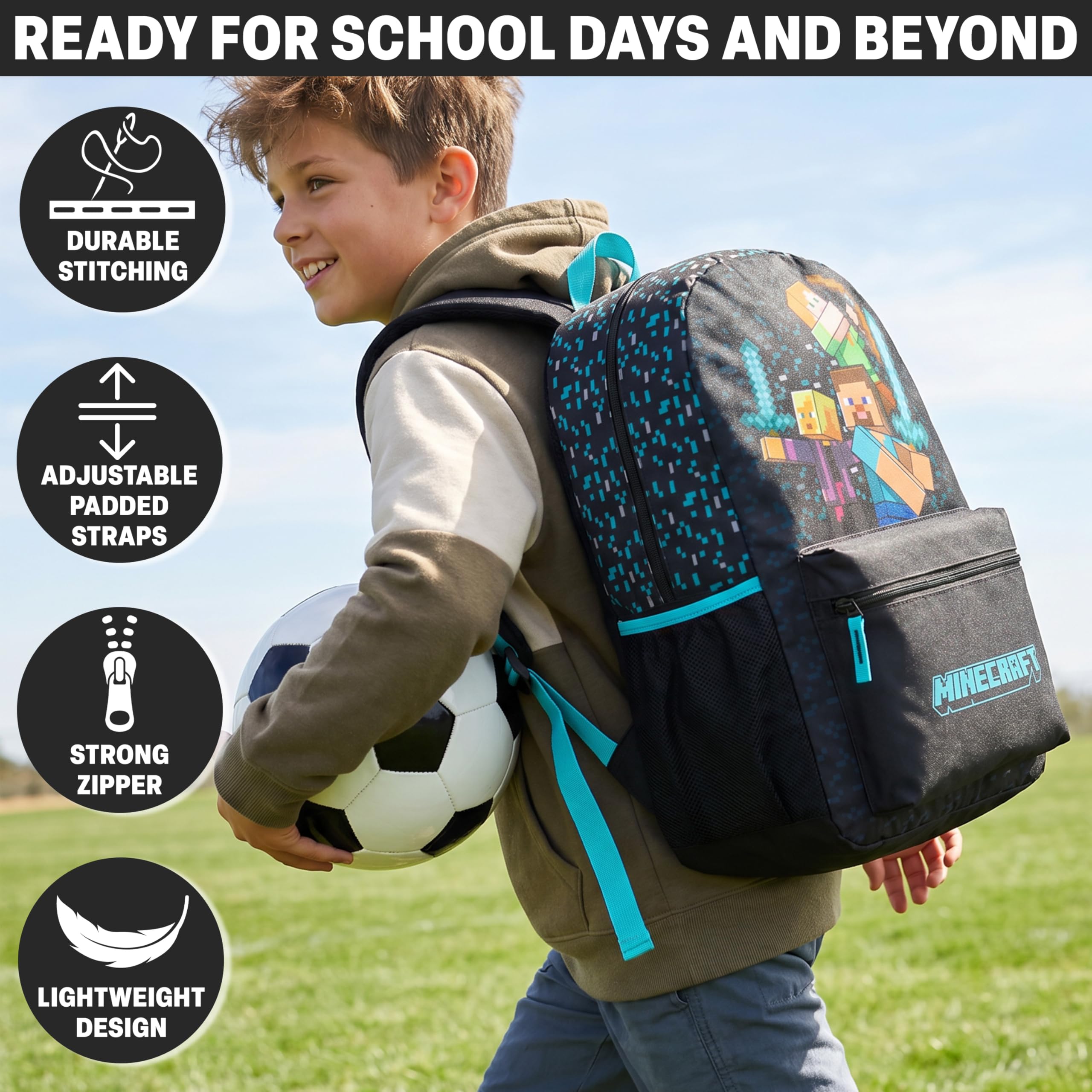 Get Trend Minecraft Sac a Dos Garcon, Fermeture Eclair et Cartable Bandoulière Réglable, Pour École ou Voyage, Cadeau Garcon (Bleu/Noir Minecraft)
