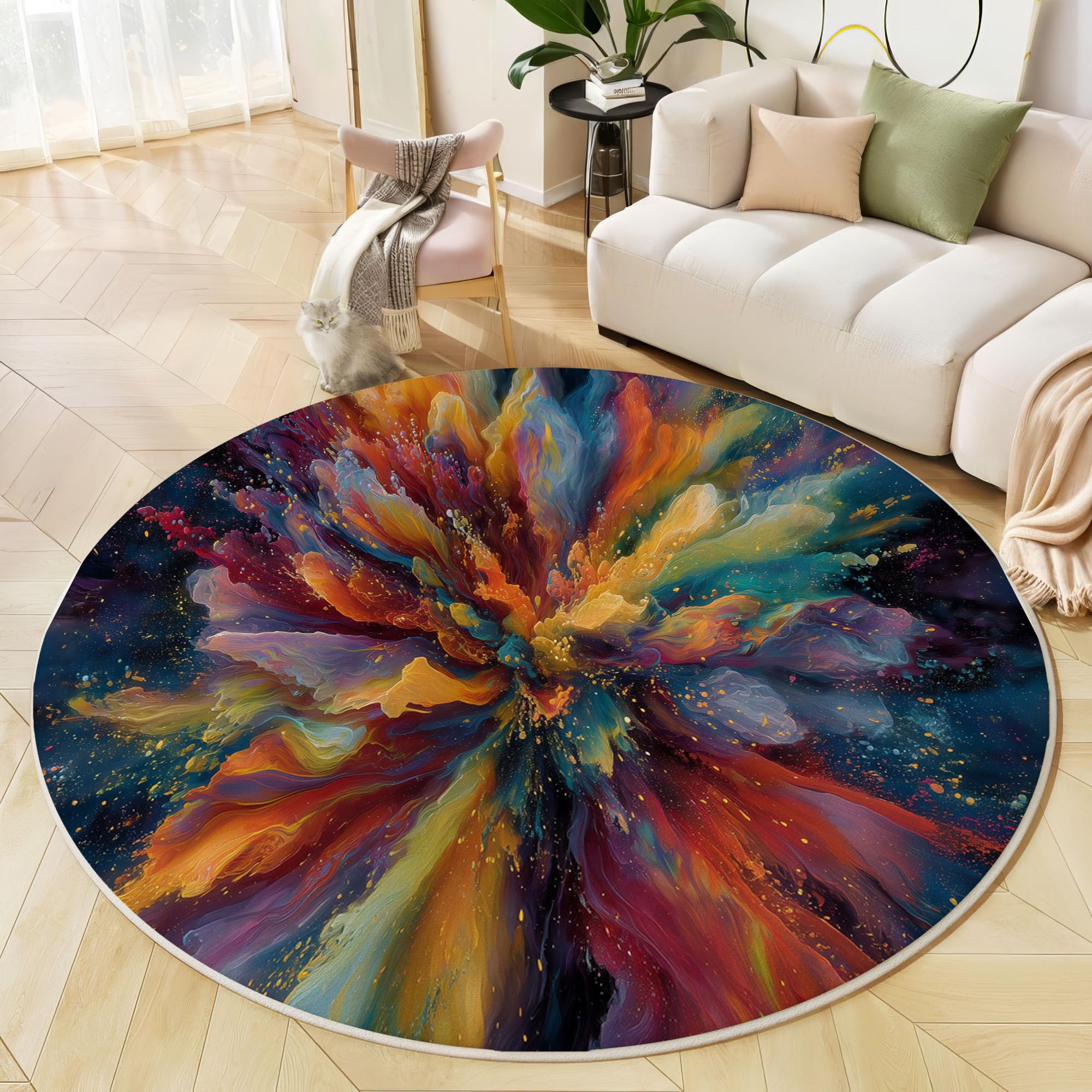 Tapis rond de salon bleu foncé 100 cm avec impression 3D abstraite