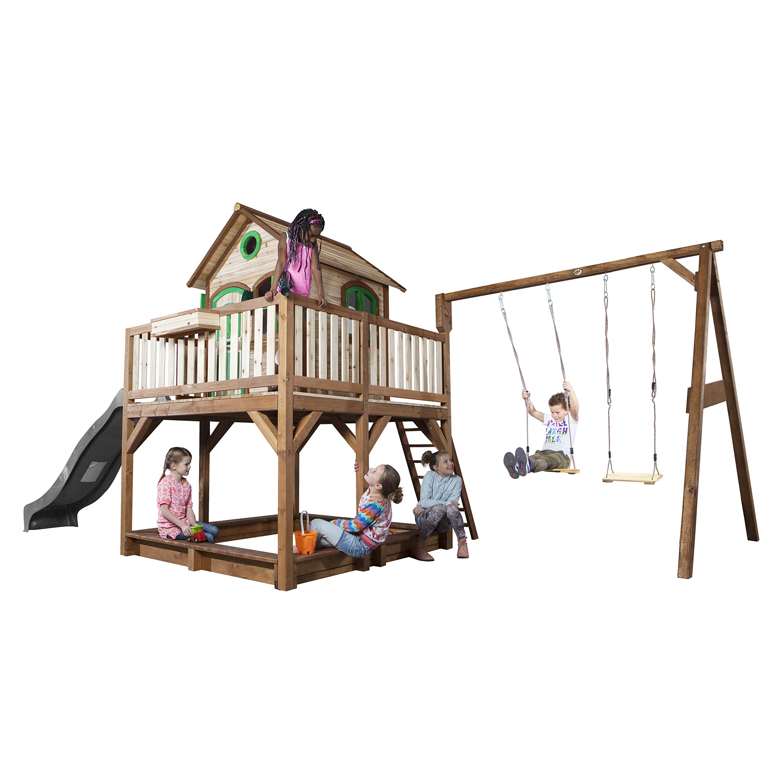 AXI Spielhaus Liam mit Sandkasten, Doppelschaukel & Grauer Rutsche | Stelzenhaus XXL in Braun & Grün aus FSC Holz für Kinder | Spielturm mit Wellenrutsche für den Garten