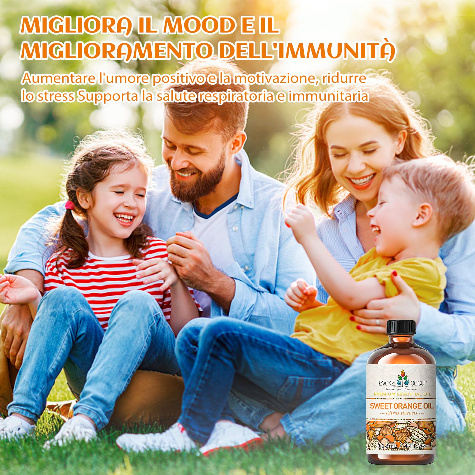 EVOKE OCCU Olio Essenziale Arancia Dolce 118ml, per Diffusore, Aromaterapia, Massaggio, Relax, Pulizia e Cura Della Pelle