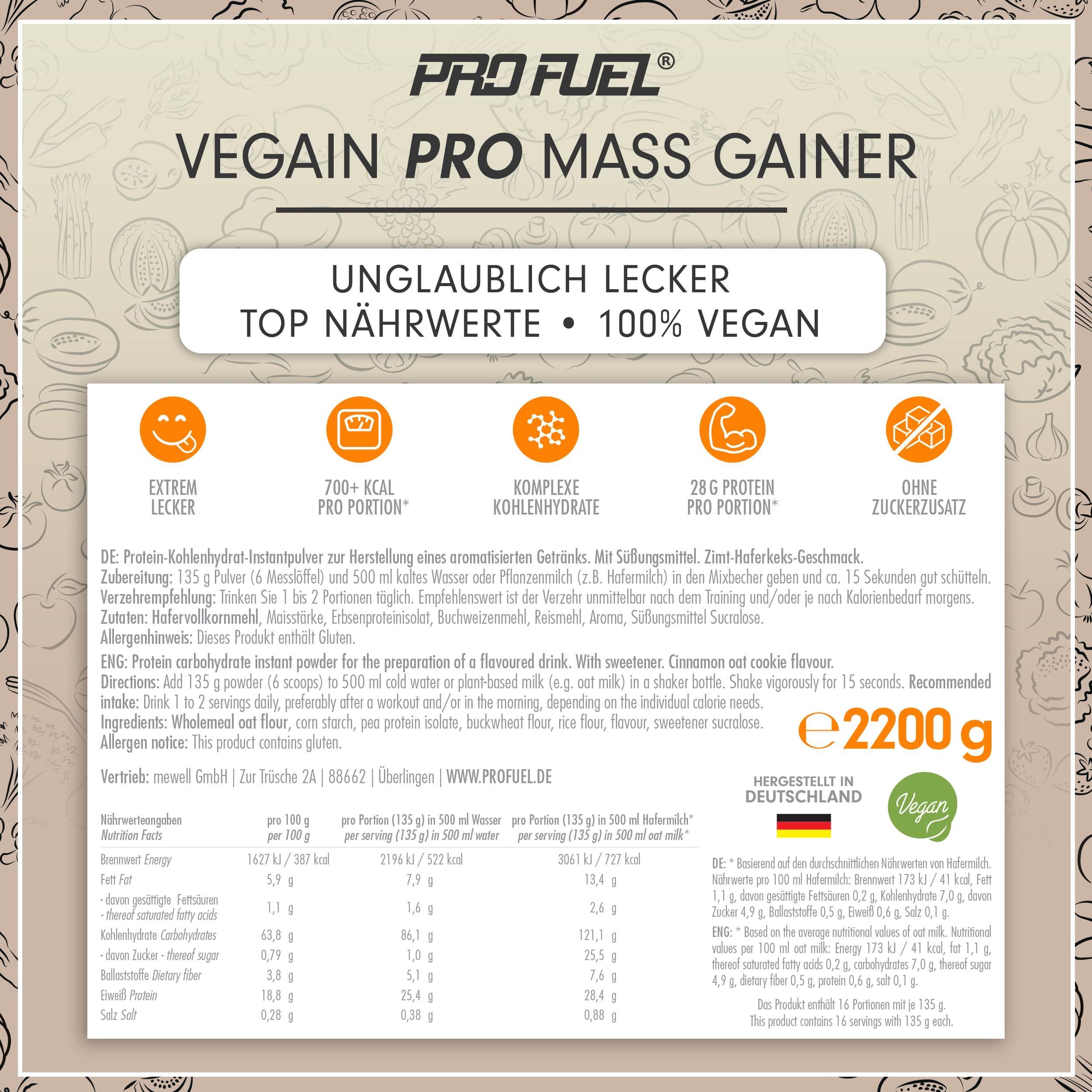 Weight Gainer CINNAMON OAT COOKIE 2,2kg Mass Gainer - 100% Vegan - komplexe Kohlenhydrate + veganes Protein - optimal für den Muskelaufbau - sehr lecker - ohne Soja oder Maltodextrin - made in Germany