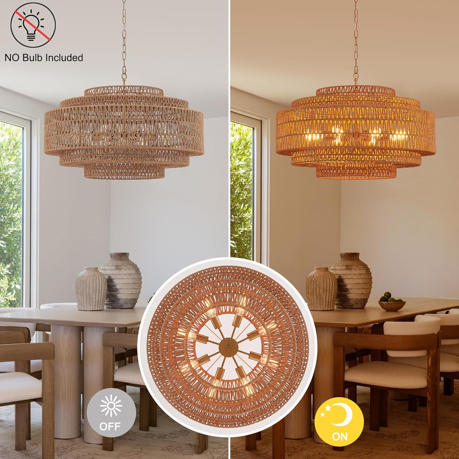 31.5" Large Rattan Chandelier 8-Light Hand-Woven Boho Bamboo Rattan Chandelier Farmhouse Vintage Light Fixture 5-Tier Drum Wicker Gold Chandeliers for Dining Room, Kitchen, Living Room, Foyer
