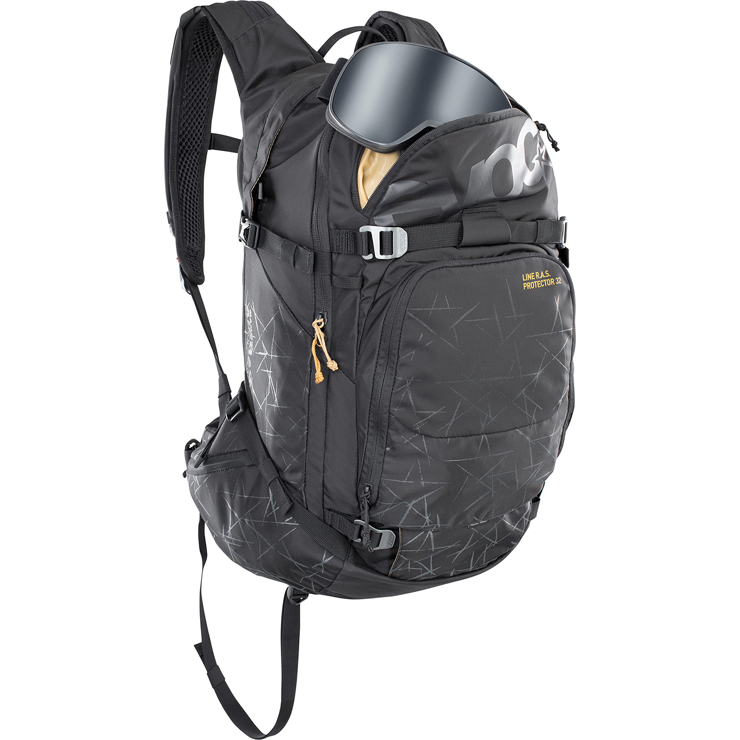 EVOC LINE R.A.S. PROTECTOR 32 Lawinen-Airbag-Rucksack, Skirucksack (NEURALITE SYSTEM, Hüftflügel mit Reißverschlusstaschen, Trinkblasenfach 3l, PROTECTOR CRASH REPLACEMENT, Größe: M/L), Schwarz