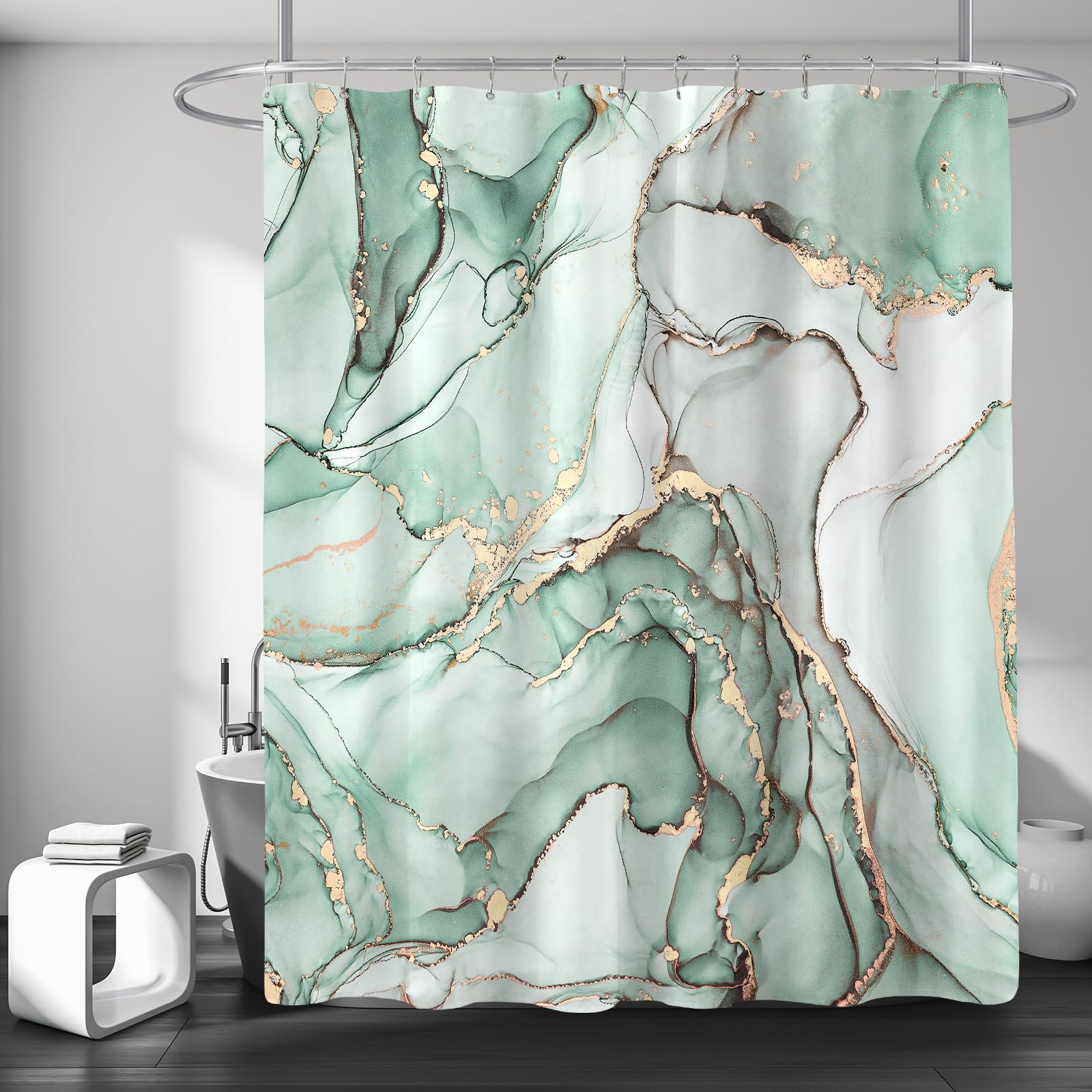 BayNook Mint Green Marble Shower Curtain, Modern Abstract Fabric Shower Curtains for Bathroom, Luxury Art Decor Ink Texture Watercolor Shower Curtain