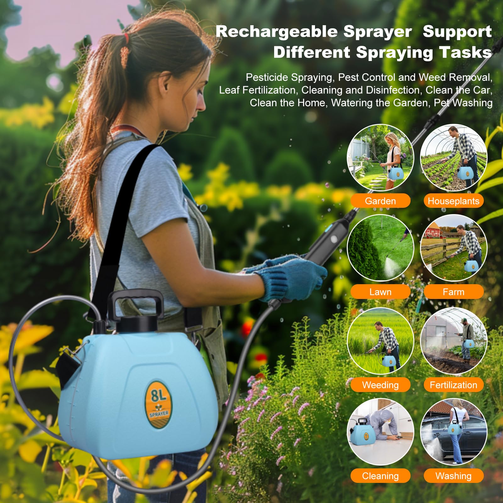 Nebulizzatore Giardino a Batteria 8L, Spruzzatore Elettrico a Pressione con Lancia Telescopica e 3 Ugelli, 1500mAh Ricaricabile per Diserbo, Irrigazione, Disinfezione, Pulizia Tetto e Auto