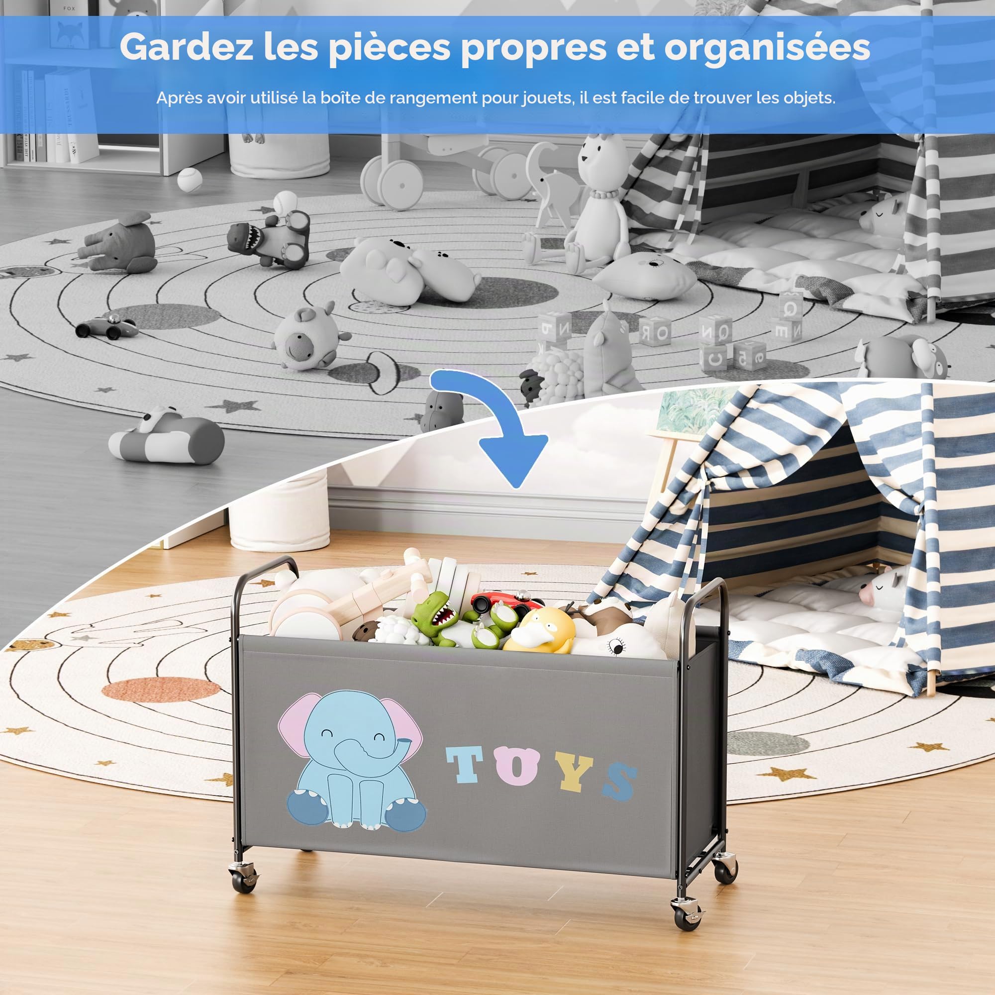 GRANNY SAYS Coffre à jouets à roulettes, 135L organisateur de rangement extra large, coffre à jouets pour chambre d'enfant organisant les peluches, toy storage organiser, Gris