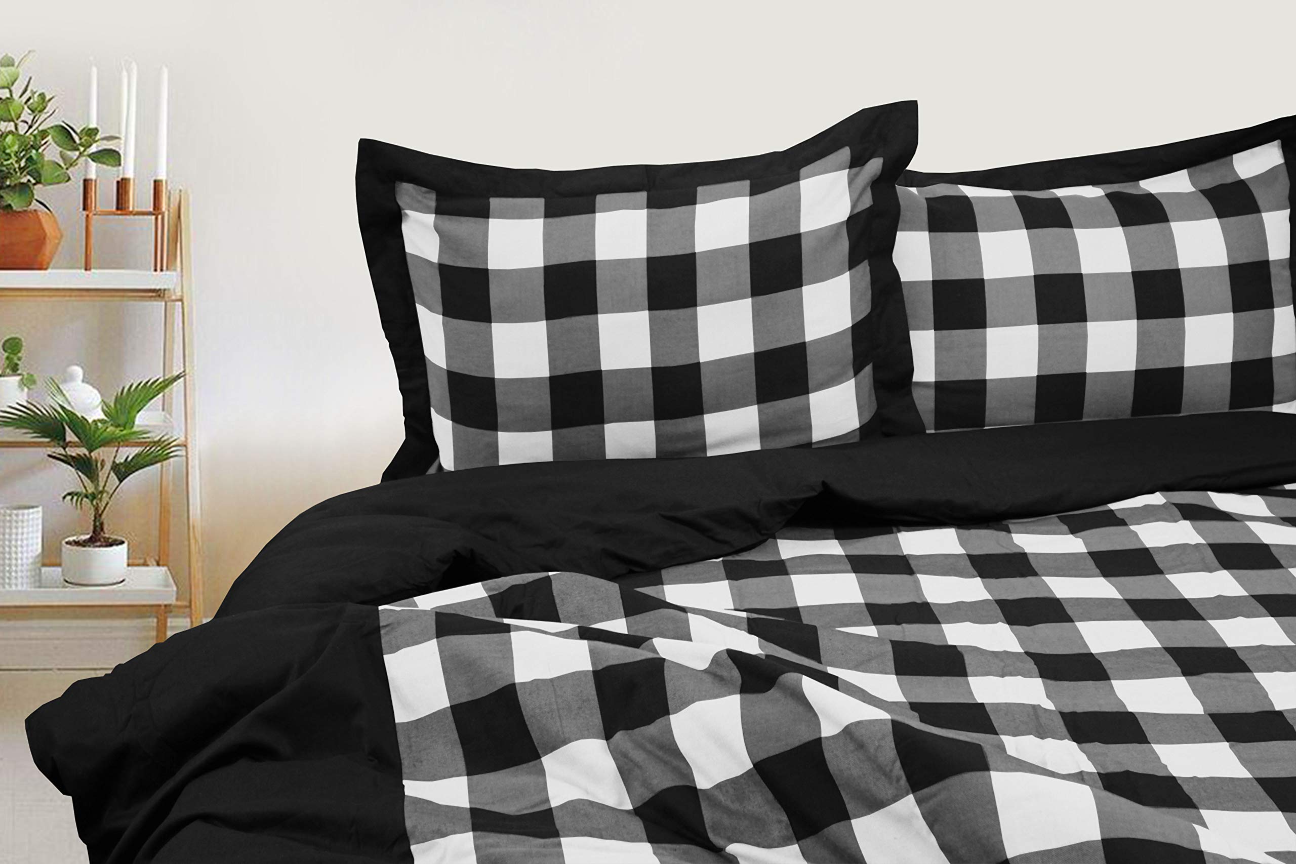Milano Home Buffalo Checks 100% Natural Cotton 3 pc Checkered Duvet Cover Set, Modern Style Bedding Soft Feel Hidden Buttons - King (Black & White)