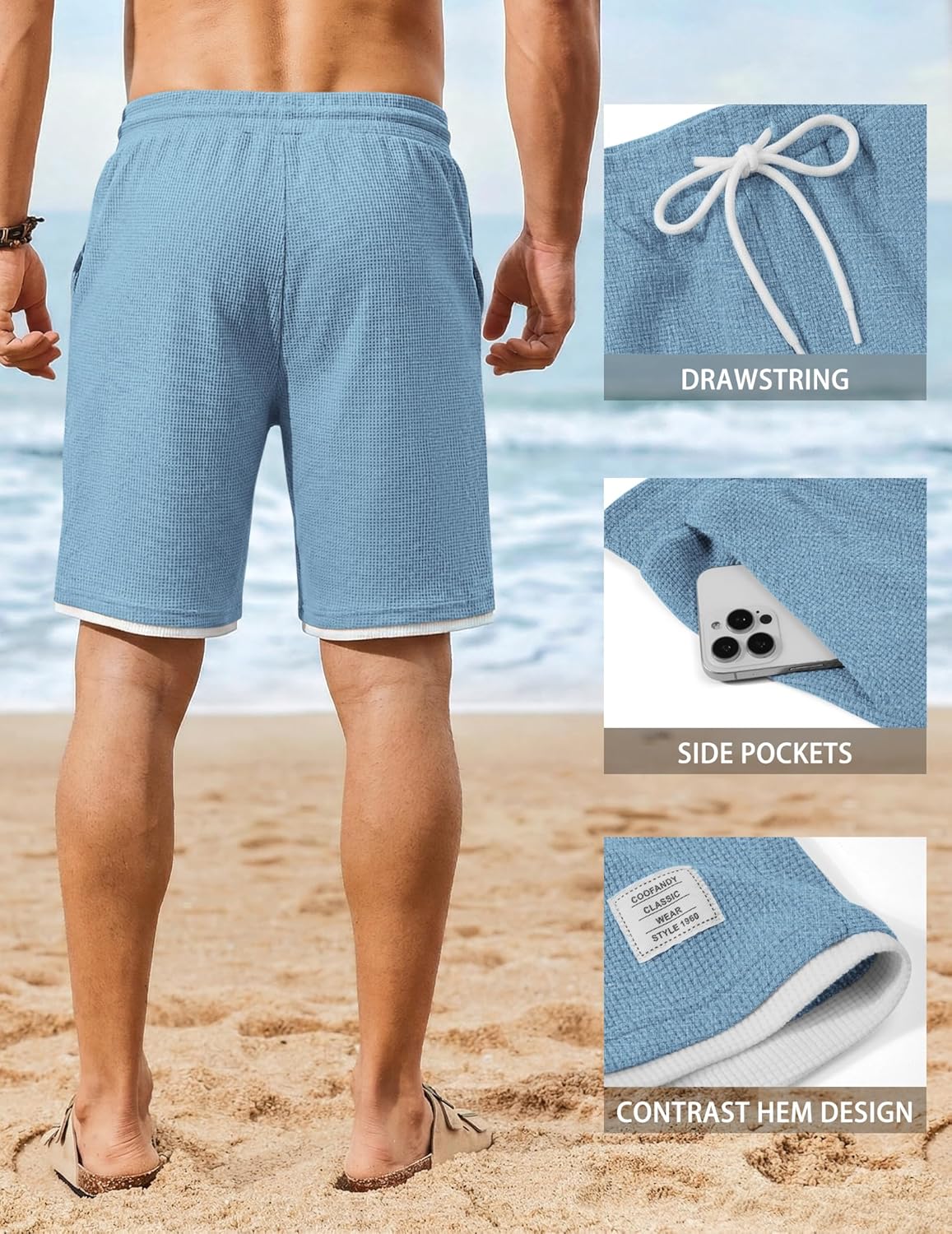 COOFANDY Mens Casual Shorts Cotton Drawstring 9 inch Waffle Shorts Stretch Elastic Waist Summer Beach Lounge Sweat Shorts - Image 5