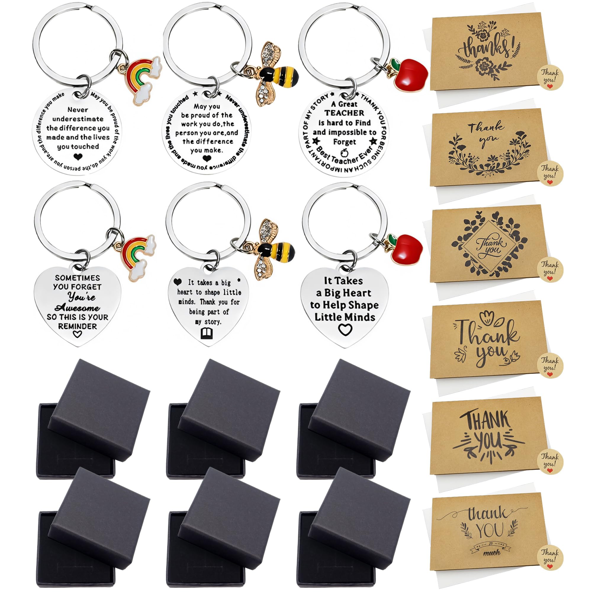 Thank You Teacher Keyring Gifts - 6Packs Thank You for Helping Me Grow Stainless Keychain with Appreciation Cards Envelopes Boxes Teacher's Day End of School Year Graduation Xmas Thanksgiving Presents