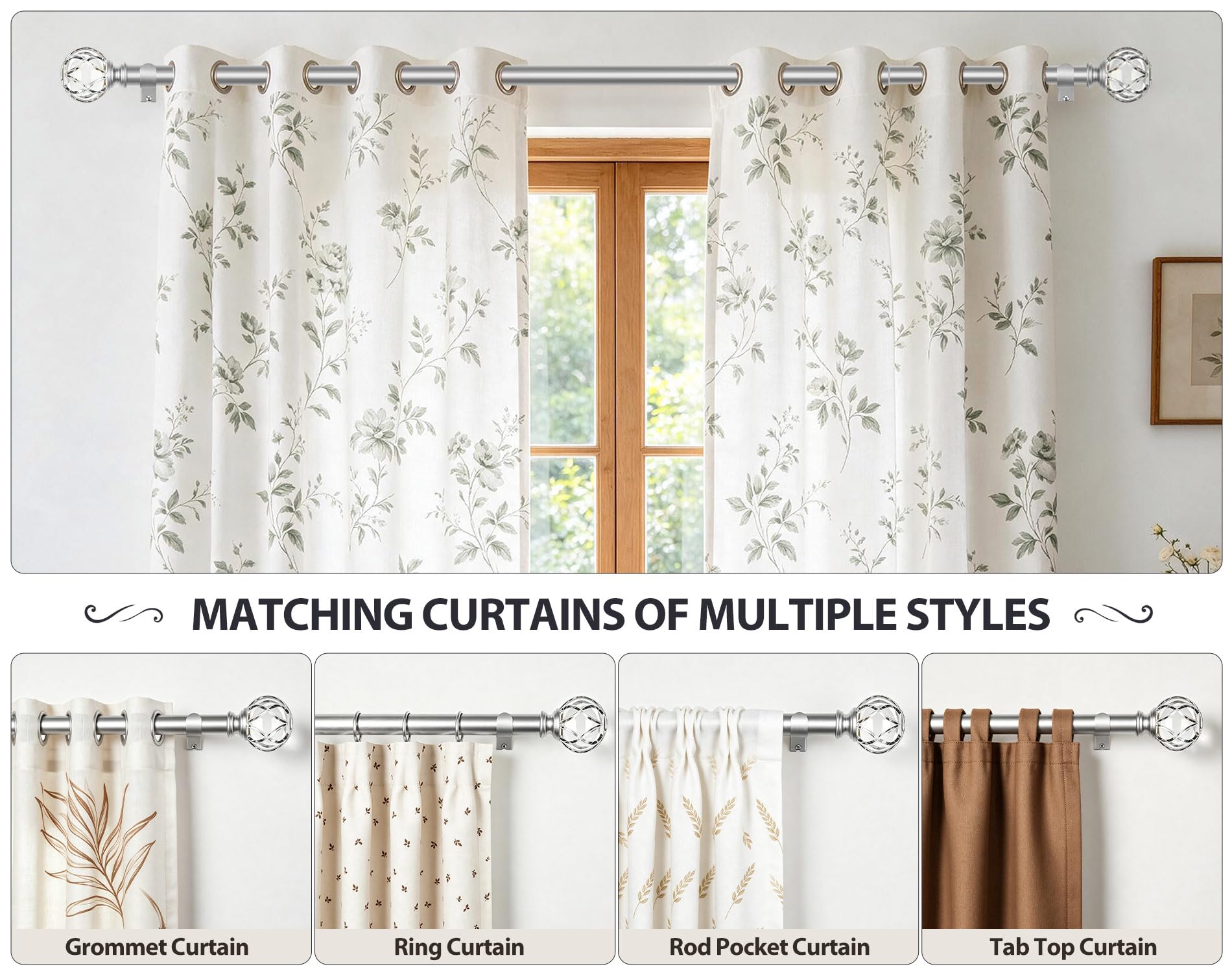 Silver Curtain Rods - Up to 144 Inch -4 Silver Curtain Rods - Up to 144 Inch -4