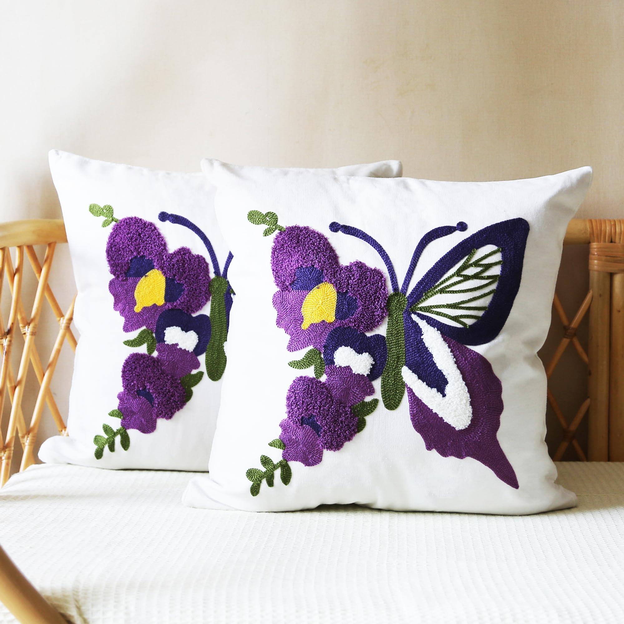 Leebright Butterfly Pillow Cover Boho Embroidered Pillow Covers for Couch Sofa Purple Butterfly Bohemian Pillow Covers Cotton Linen
