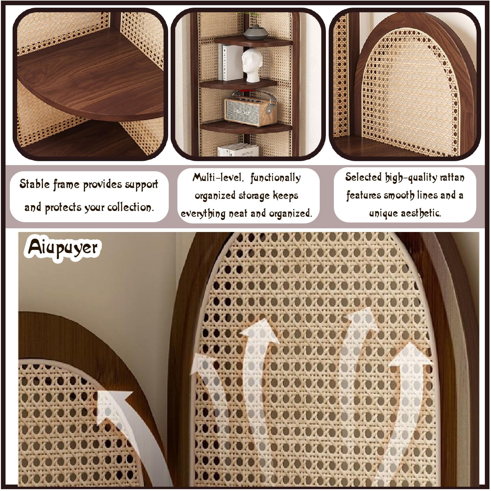 Scaffale angolare in legno massiccio e rattan, a 4 ripiani, triangolare, multifunzione, per soggiorno e camera da letto, libreria in rattan fatta a mano