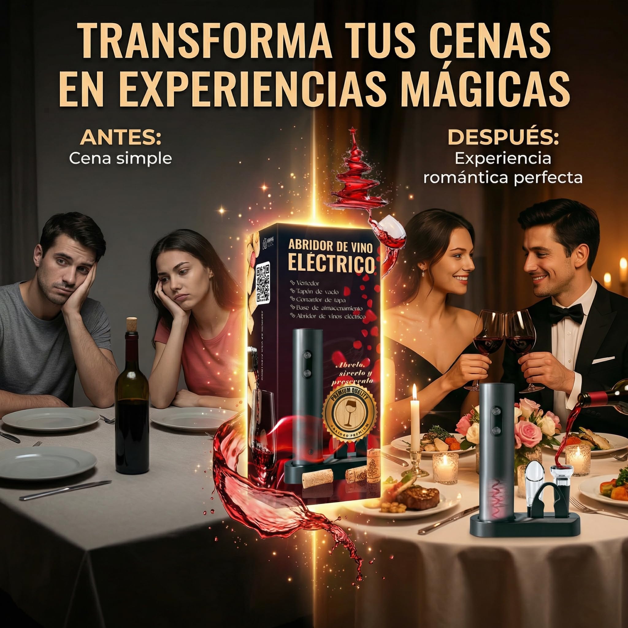Sacacorchos eléctrico profesional con cortacápsulas, aireador y vertedor, Abridor de vino con base elegante, Regalos originales para hombre cumpleaños, Navidad o San Valentín, funciona con 4 pilas AA
