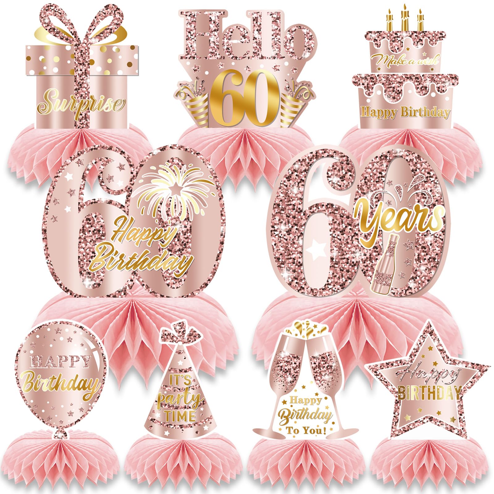 60th Birthday Honeycomb Decorations 9 Pcs Rose Gold Centerpieces Pink Table Decorations for 60th Birthday Party Happy Birthday Table Centerpieces Party Supplies for Women Girls (60th) โ image 1