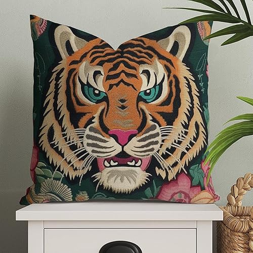 Miniatura 2 de Funda de almohada con estampado de tigre, color rosa, verde y turquesa, negro, funda de almohada colorida de animales chinoiserie, 18 x 18 pulgadas,