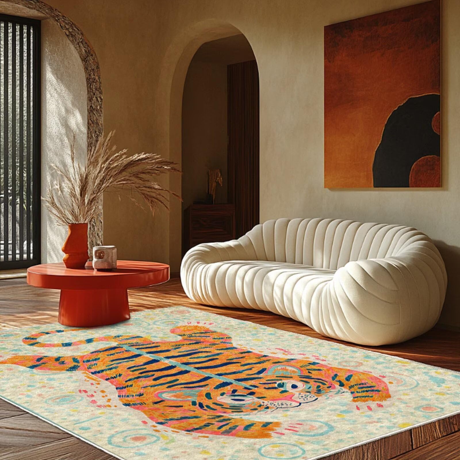 UUYDFH Large Boho Tiger Rugs for Living Room Bedroom Yellow Cartoon Tibetan Tiger Area Rug Washable Indoor Decorative Kids Room Floor Mat - 5x8 Feet