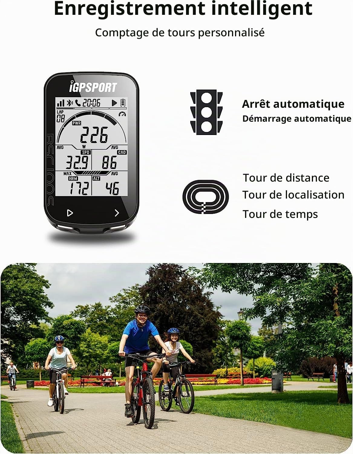 Compteur vélo GPS, BSC100S Ant+ Ordinateur de vélo sans Fil étanche IPX7 Compteur de Vitesse et Compteur kilométrique, écran de rétroéclairage Automatique 2,6 Pouces, autonomie de 40 Heures