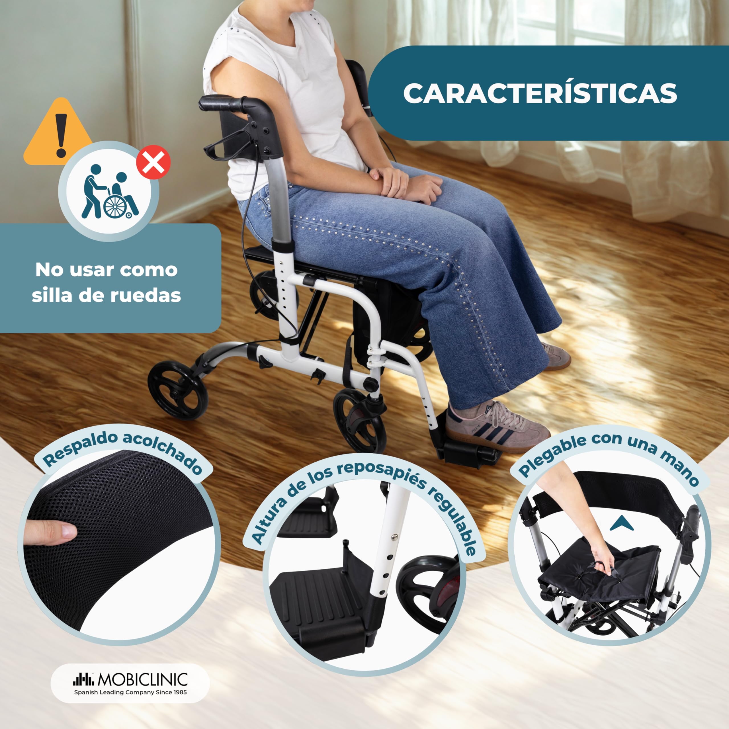 Mobiclinic®, Andador Plegable, con Reposapiés, Plegable, Ajustable en Altura, Máx. 136 Kg, con Frenos, Respaldo Reversible, Ruedas 360º, Bolsa, Porta Bastón, Ibiza