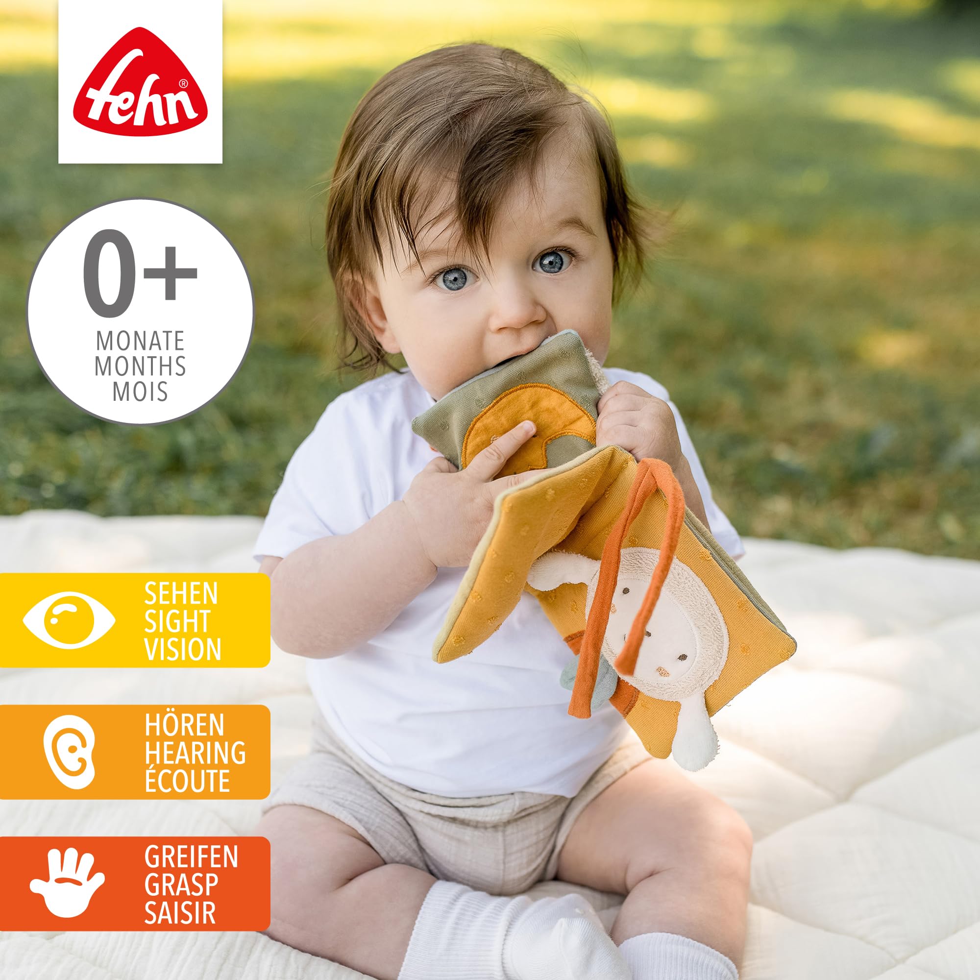Fehn livre tactile mouton NATUR - Livre pour poussette en tissu - avec couineur, papier bruissant, miroir et cordons de fixation - Livre en tissu pour bébés et enfants en bas âge dès la naissance