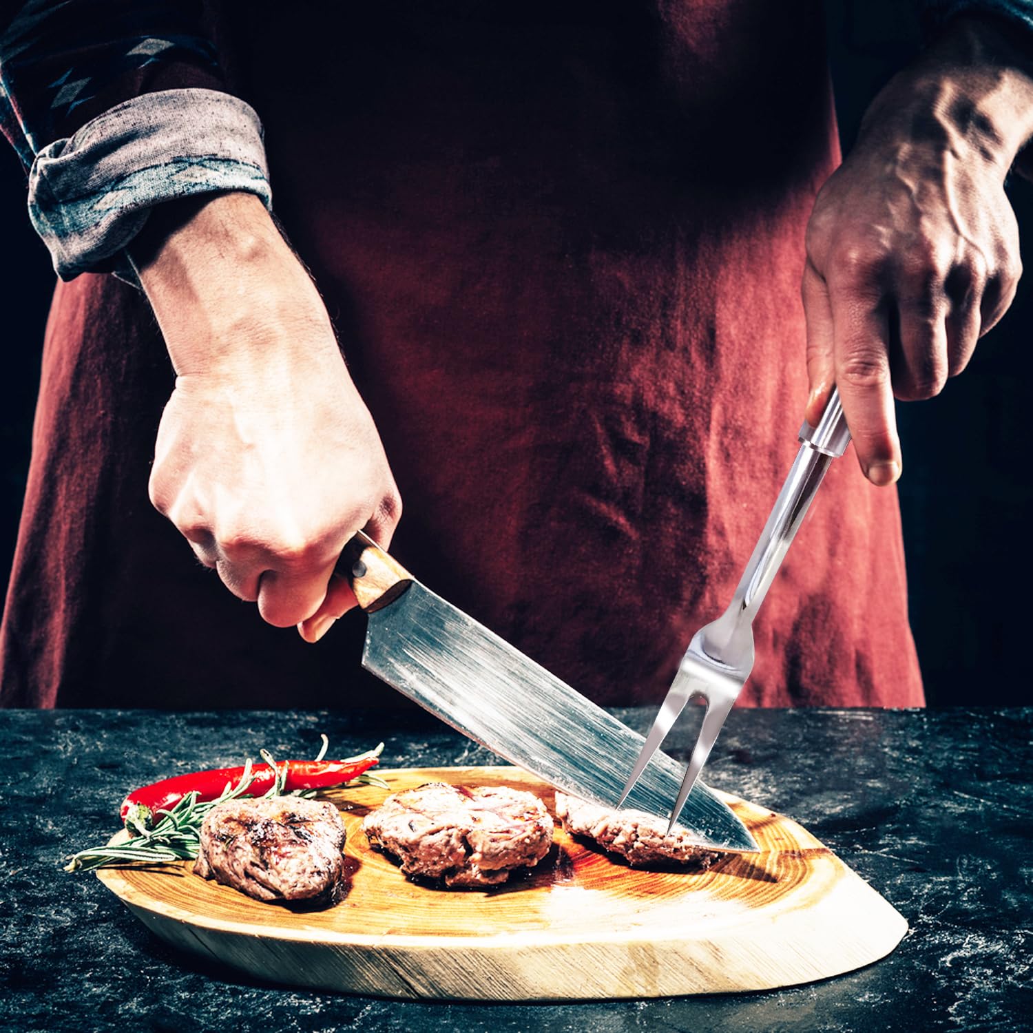 2pc Stainless Steel Roast Meat Fork BBQ Skewers Thicken Plastic Handle Steak Forks Campfire Outdoor Cooking