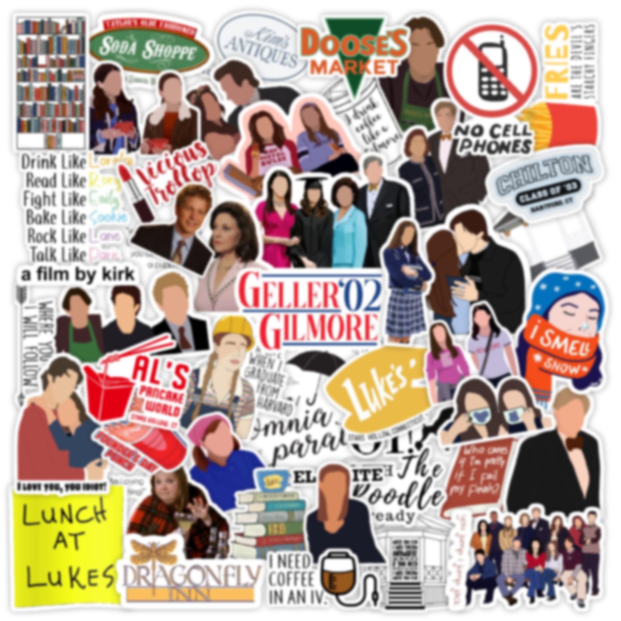 57-Pack Gilmore Girls Aesthetic Vinyl Stickers | Waterproof & Durable Self-Adhesive Stickers for Laptop, Journal, Diary, Scrapbook, Guitar & Mobile – Residue-Free, 5.1 x 7.6 cm